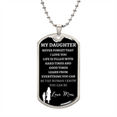 MY DAUGHTER - LOVE MOM - Graphical Dog Tag & Ball Chain (w/small graphic) (Black background/White text)