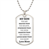 MY SON - LOVE MOM - Graphical Dog Tag & Ball Chain (White background/Black text)