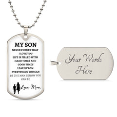 MY SON - LOVE MOM - Graphical Dog Tag & Ball Chain (w/small graphic)