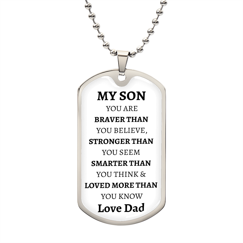 MY SON - LOVE DAD - Graphical Dog Tag & Ball Chain (White background/Black text)