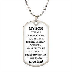 MY SON - LOVE DAD - Graphical Dog Tag & Ball Chain (White background/Black text)