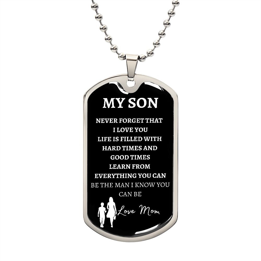 MY SON - LOVE MOM - Graphical Dog Tag & Ball Chain TitleMilitary Chain (Silver w/ small Graphic)