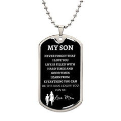 MY SON - LOVE MOM - Graphical Dog Tag & Ball Chain TitleMilitary Chain (Silver w/ small Graphic)