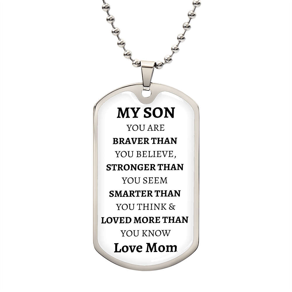 MY SON - LOVE MOM - Graphical Dog Tag & Ball Chain (White background/Black text)