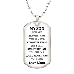 MY SON - LOVE MOM - Graphical Dog Tag & Ball Chain (White background/Black text)