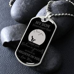 MY SON - NEVER FORGET - LOVE MOM - Graphical Dog Tag & Ball Chain (Gray w/cursive & black background)