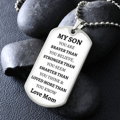 MY SON - LOVE MOM - Graphical Dog Tag & Ball Chain (White background/Black text)