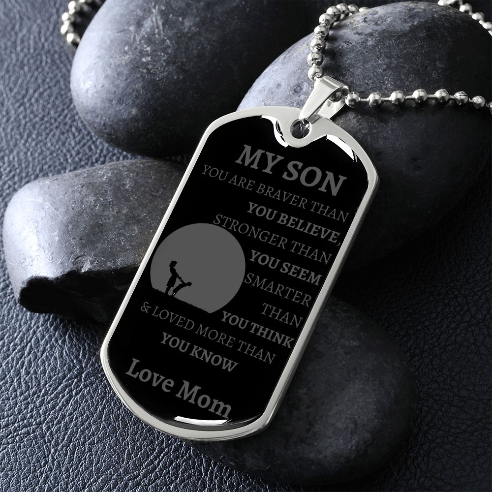 MY SON - LOVE MOM Graphical Dog Tag & Ball Chain (GRAY W/LARGE GRAPHIC)