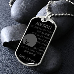 MY SON - LOVE MOM Graphical Dog Tag & Ball Chain (GRAY W/LARGE GRAPHIC)