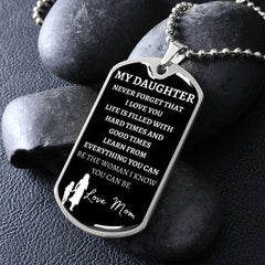 MY DAUGHTER - LOVE MOM - Graphical Dog Tag & Ball Chain (w/small graphic) (Black background/White text)