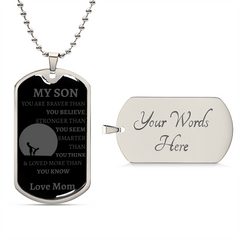 MY SON - LOVE MOM Graphical Dog Tag & Ball Chain (GRAY W/LARGE GRAPHIC)