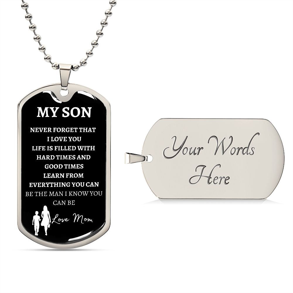 MY SON - LOVE MOM - Graphical Dog Tag & Ball Chain TitleMilitary Chain (Silver w/ small Graphic)