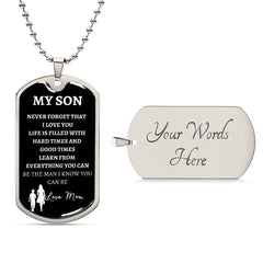 MY SON - LOVE MOM - Graphical Dog Tag & Ball Chain TitleMilitary Chain (Silver w/ small Graphic)
