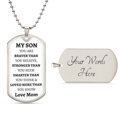 MY SON - LOVE MOM - Graphical Dog Tag & Ball Chain (White background/Black text)