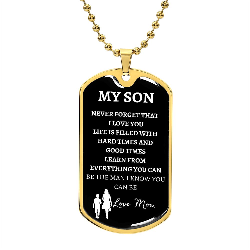 MY SON - LOVE MOM - Graphical Dog Tag & Ball Chain TitleMilitary Chain (Silver w/ small Graphic)