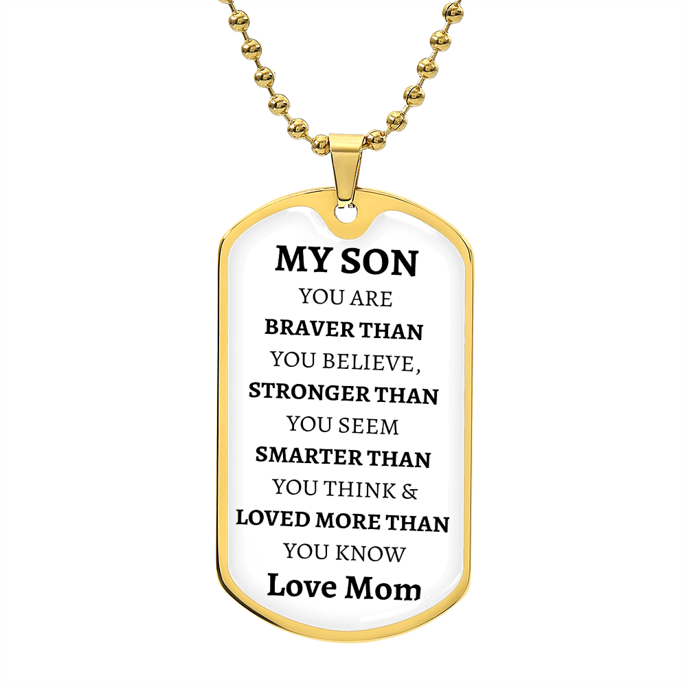 MY SON - LOVE MOM - Graphical Dog Tag & Ball Chain (White background/Black text)