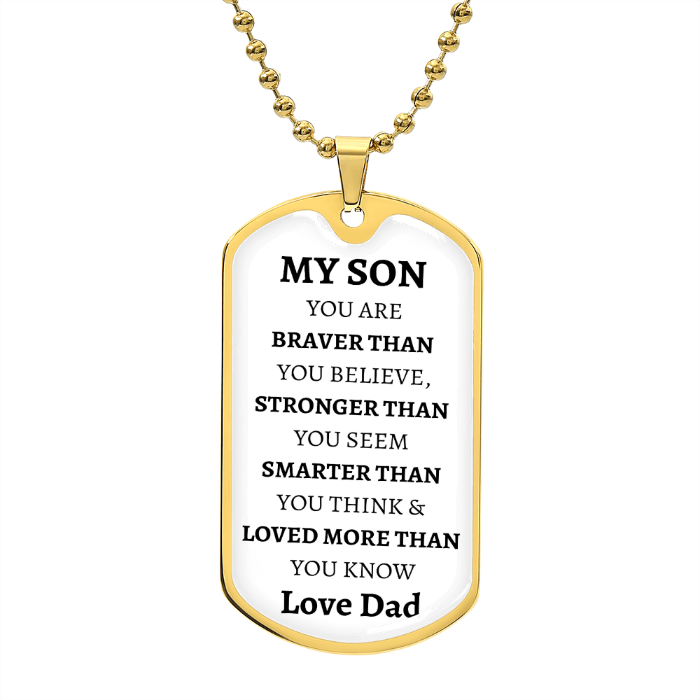 MY SON - LOVE DAD - Graphical Dog Tag & Ball Chain (White background/Black text)