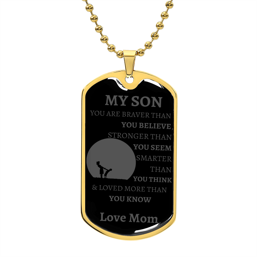 MY SON - LOVE MOM Graphical Dog Tag & Ball Chain (GRAY W/LARGE GRAPHIC)