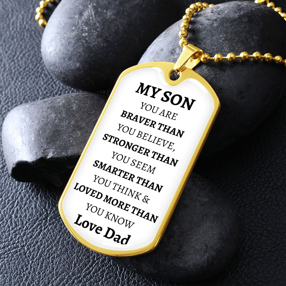 MY SON - LOVE DAD - Graphical Dog Tag & Ball Chain (White background/Black text)