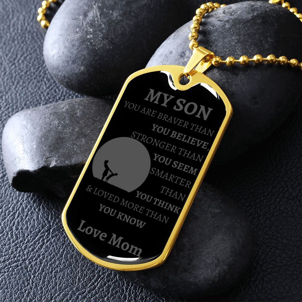 MY SON - LOVE MOM Graphical Dog Tag & Ball Chain (GRAY W/LARGE GRAPHIC)