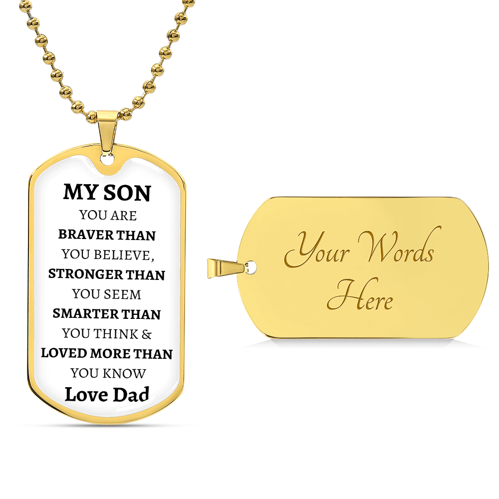 MY SON - LOVE DAD - Graphical Dog Tag & Ball Chain (White background/Black text)