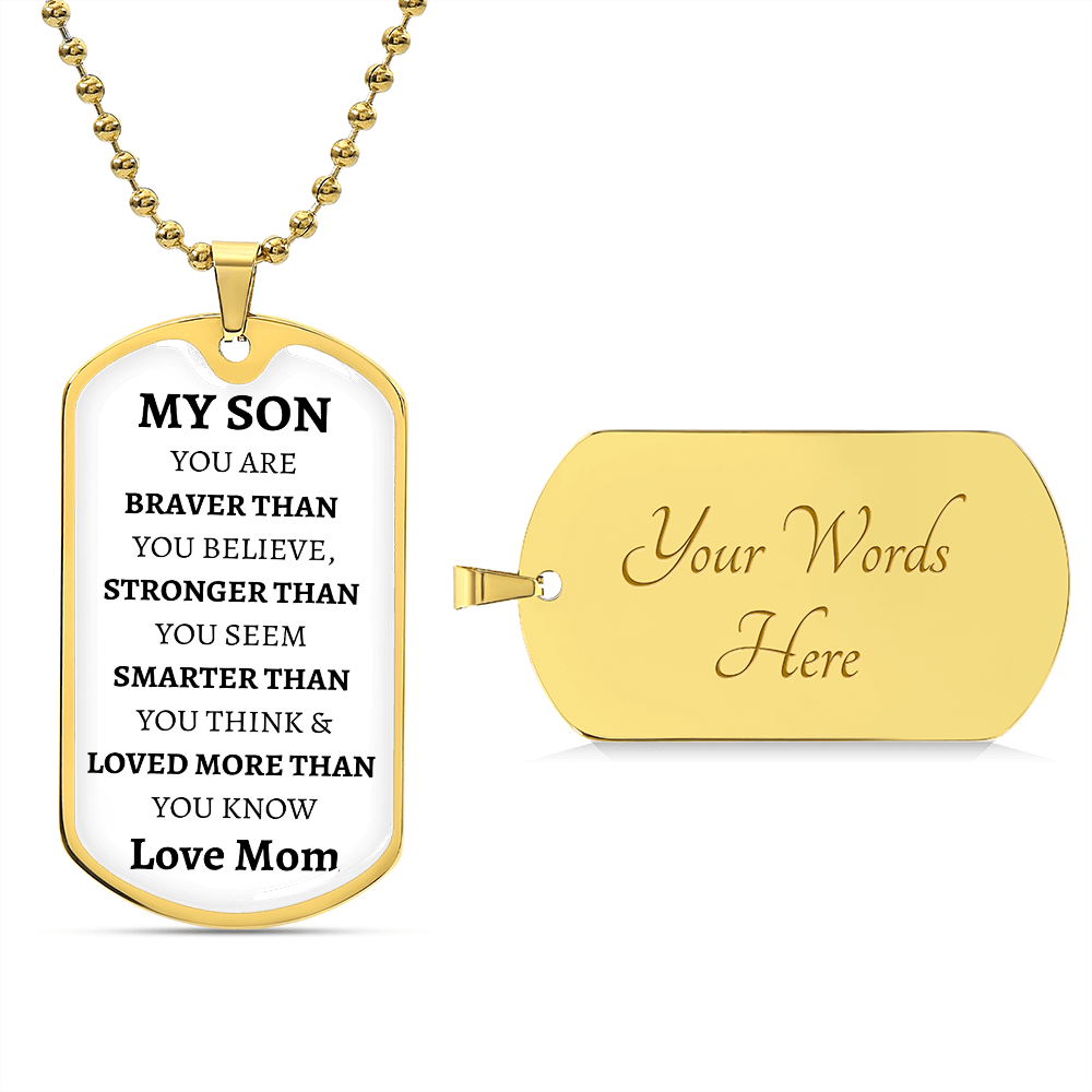 MY SON - LOVE MOM - Graphical Dog Tag & Ball Chain (White background/Black text)