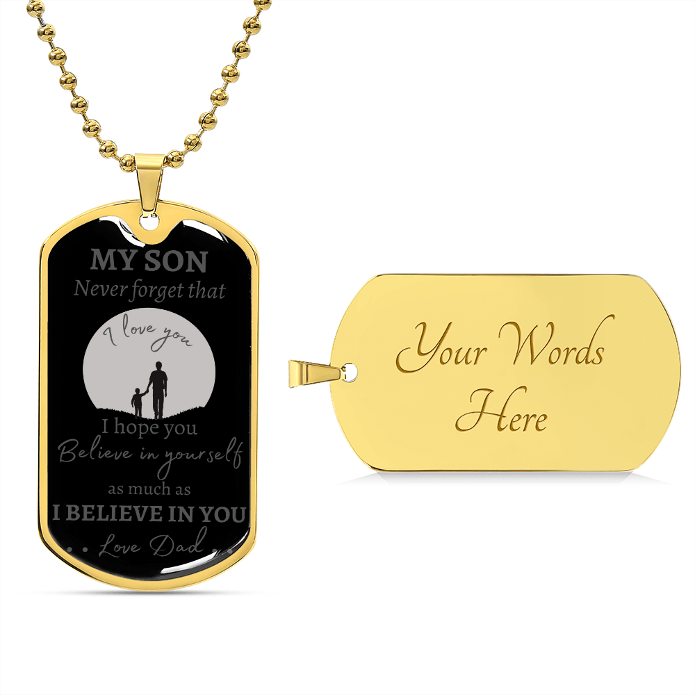 MY SON - NEVER FORGET - LOVE DAD - Graphical Dog Tag & Ball Chain (Gray w/cursive & large graphic)