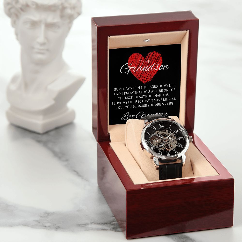 TO MY GRANDSON - Love Grandma - Men's Openwork Watch + MC (Black background)