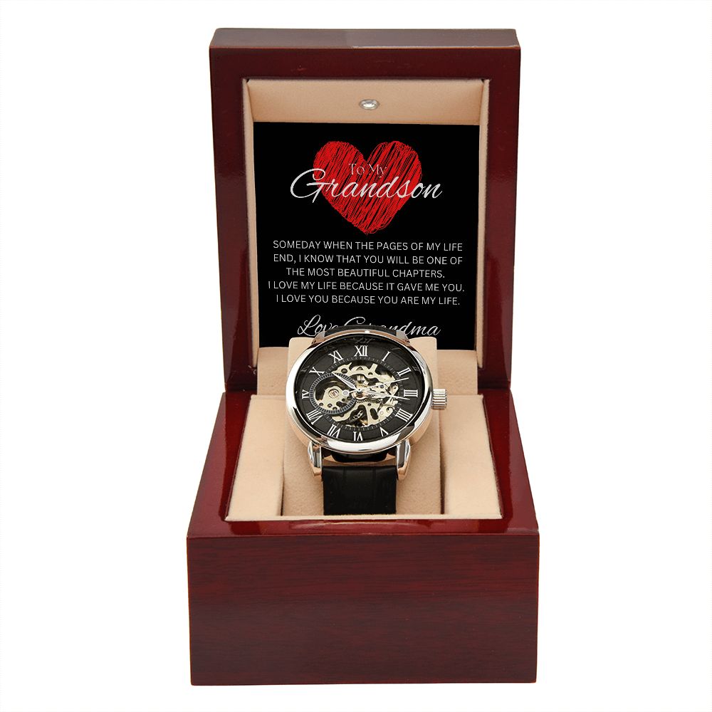 TO MY GRANDSON - Love Grandma - Men's Openwork Watch + MC (Black background)