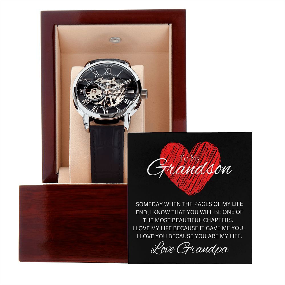 TO MY GRANDSON - Love Grandpa - Men's Openwork Watch + MC (Black background)