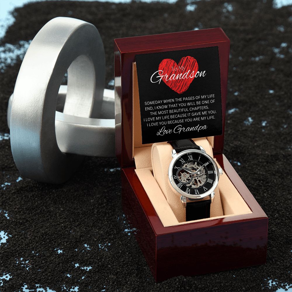 TO MY GRANDSON - Love Grandpa - Men's Openwork Watch + MC (Black background)