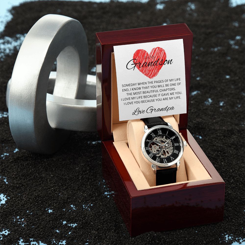 TO MY GRANDSON - Love Grandpa - Men's Openwork Watch + MC (White background)