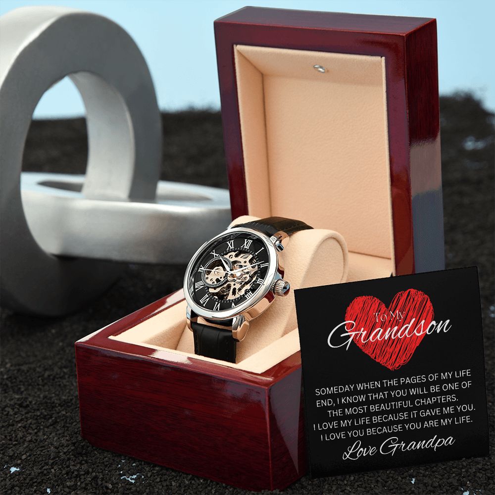 TO MY GRANDSON - Love Grandpa - Men's Openwork Watch + MC (Black background)