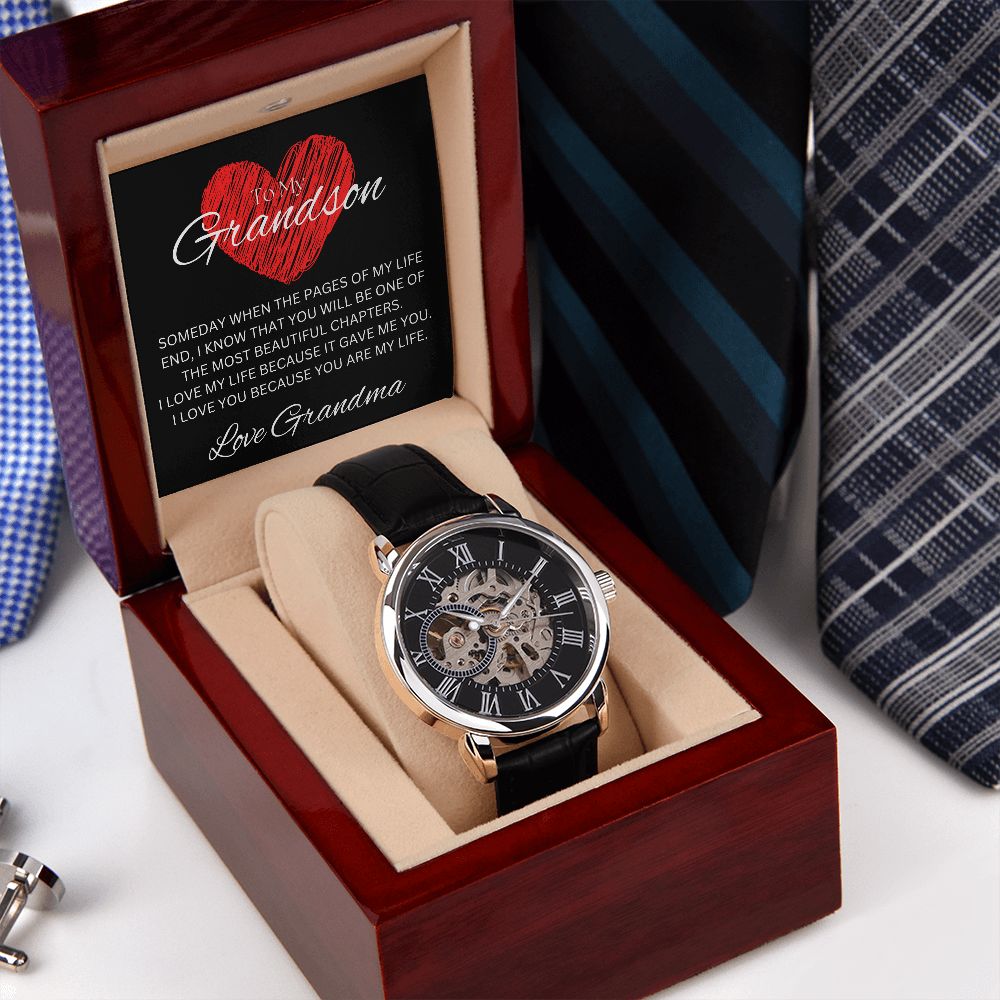 TO MY GRANDSON - Love Grandma - Men's Openwork Watch + MC (Black background)
