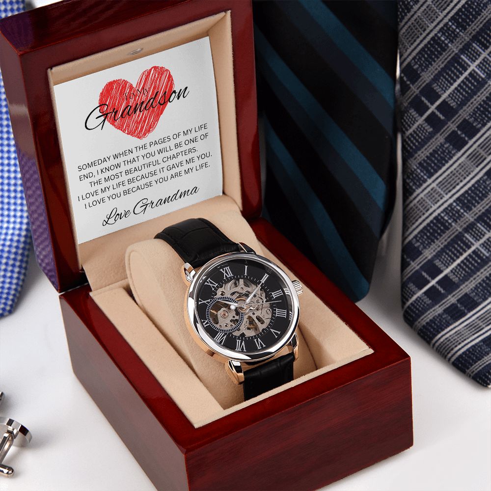 TO MY GRANDSON Love Grandma Men s Openwork Watch MC White backg beestings