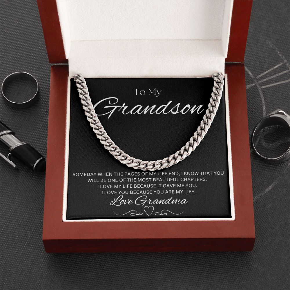 TO MY GRANDSON - Love Grandma - Cuban Link Chain (Black background)