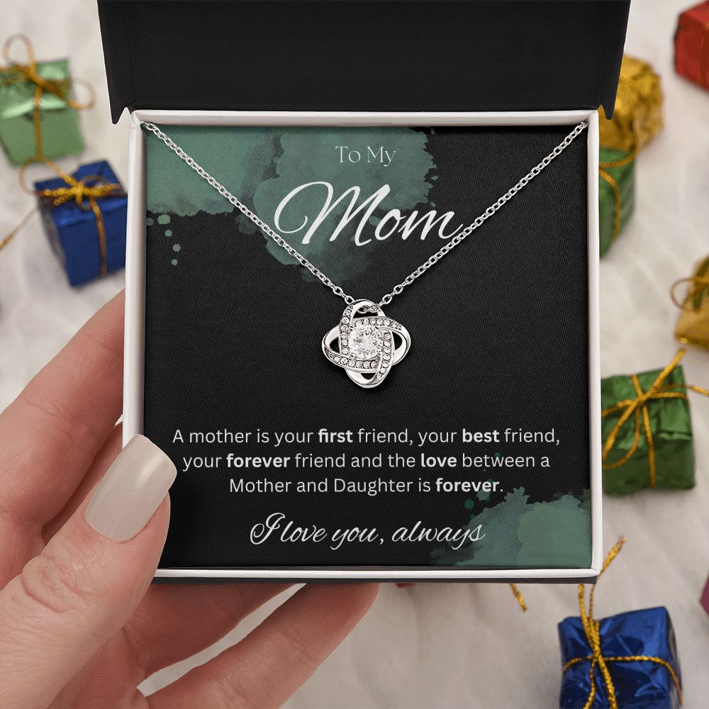 TO MY MOM - I love you always..., Daughter - Love Knot Necklace (Black watercolor background)